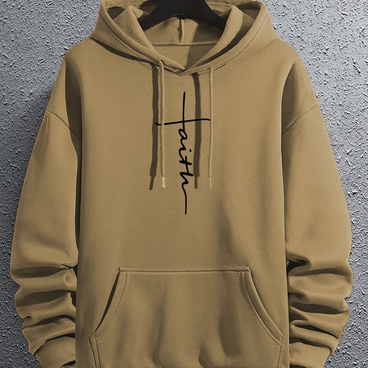 Faith hoodie in khaki, front view showing Faith cross graphic