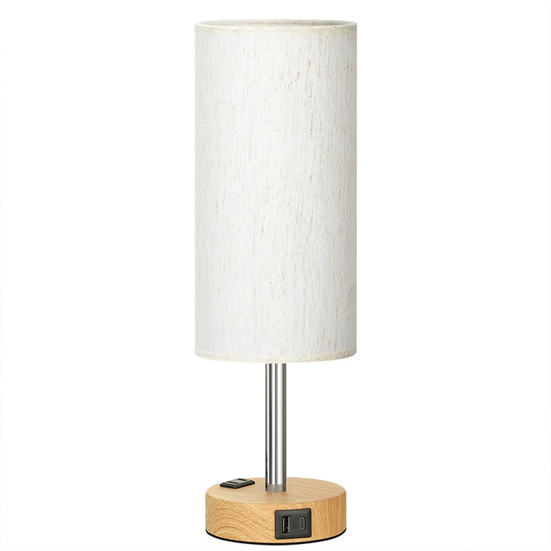 3-Speed Touch Dimmable Wood Grain Bedside Table Lamp - Fabric Shade Nightstand Light, Tabletop Plug-in