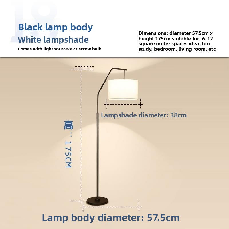 Dimension diagram of black body modern arc floor lamp with white linen shade, height 172.5cm, shade 30cm, base 57.5cm.