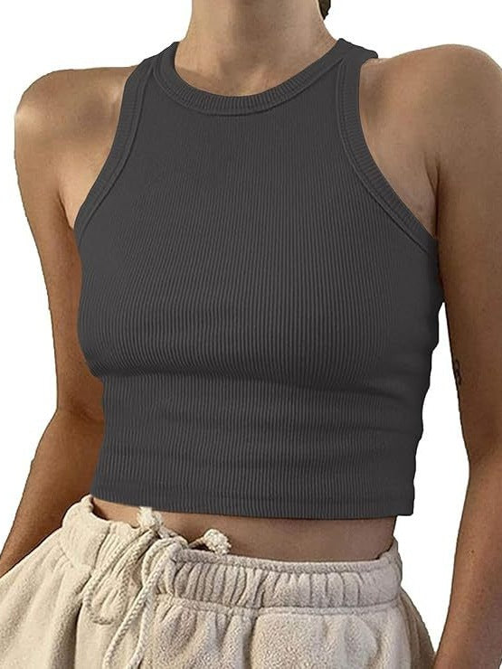 Model wearing ribbed racerback tank top in melange gray, styled outfit