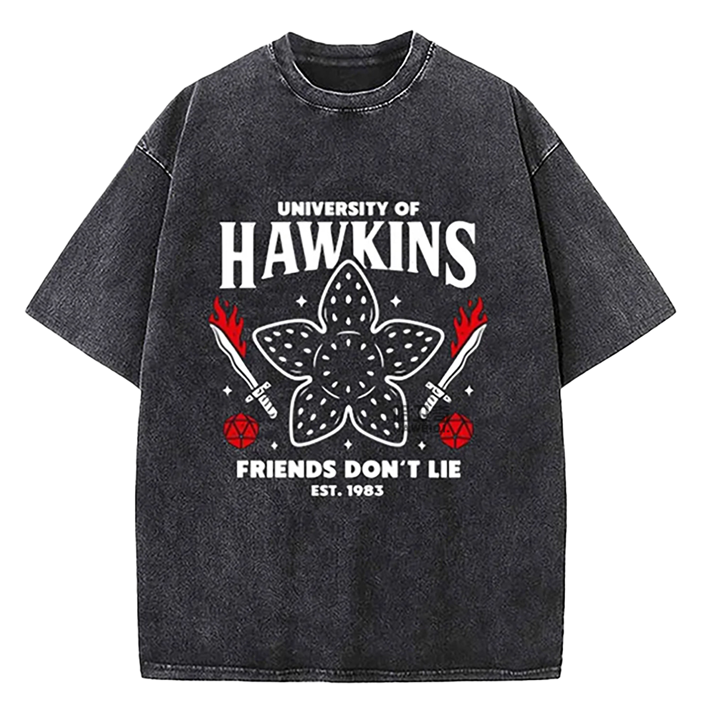 Stranger Things Washed T-Shirt Hawkins University Est 1983 Vintage Graphic Tee Black Over Zized