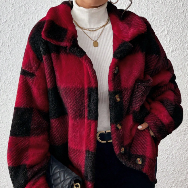 Women's plaid plush shacket in blackish red, front view