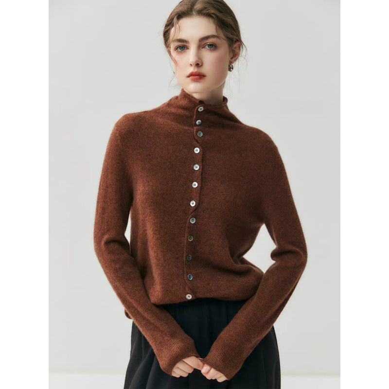 Walnut brown reversible high neck cashmere cardigan, front view