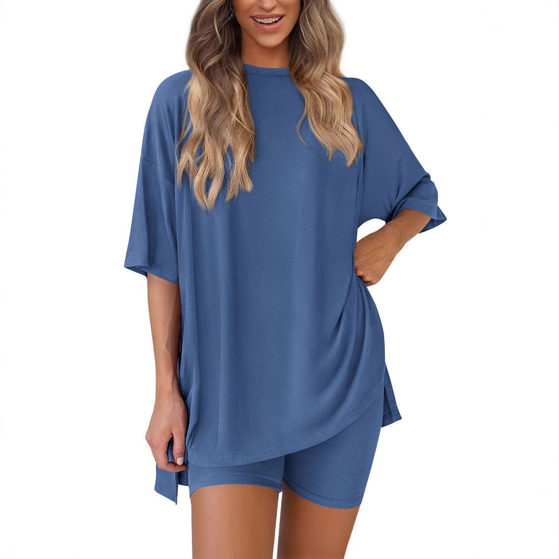 Women’s blue modal tencel casual 2-piece short sleeve top and shorts lounge set front view