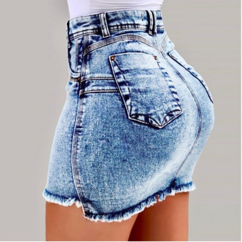Women’s High Waisted Denim Pencil Skirt – Stretch Fit with Distressed Detail