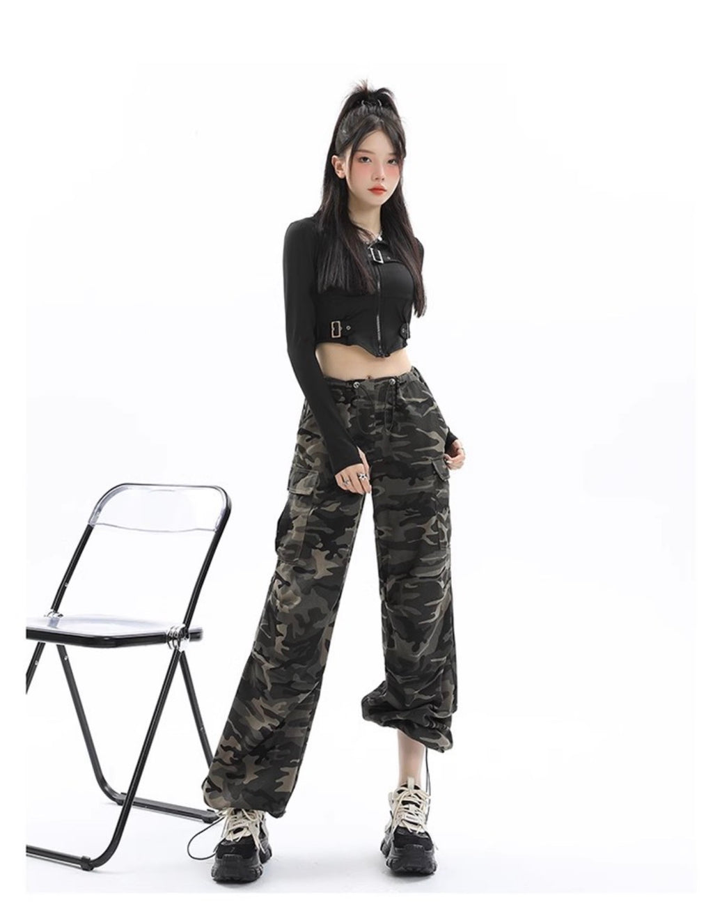 Camouflage wide leg cargo pants collage, styled with black crop top, multiple angles