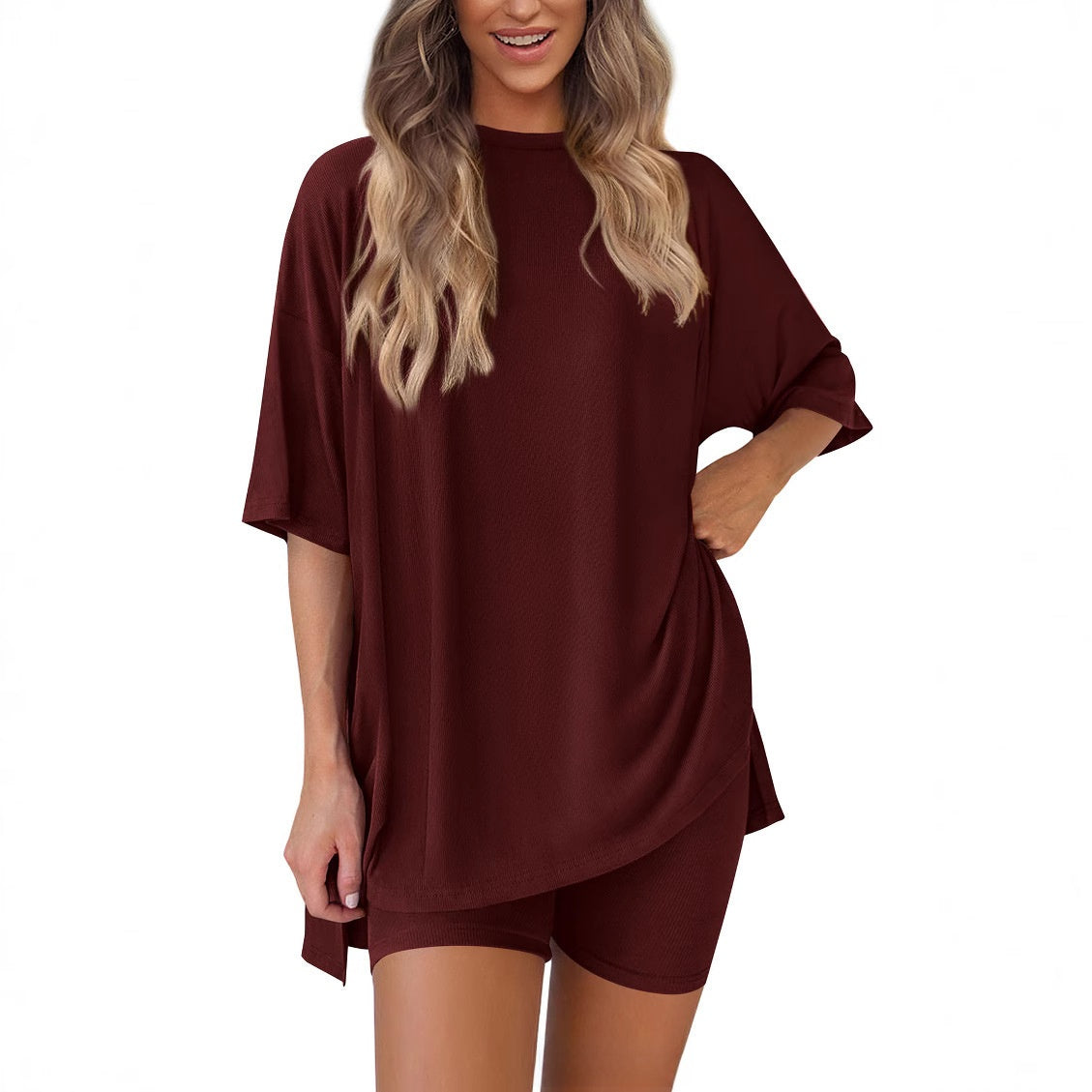 Women’s burgundy modal tencel relaxed fit short sleeve matching lounge set front view