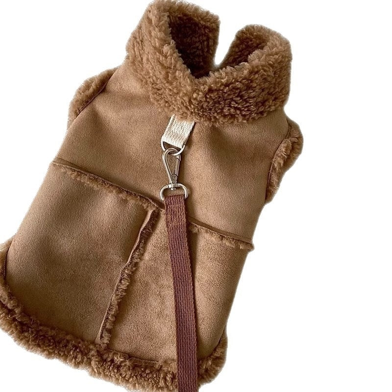 Brown faux suede dog vest on a white background with fleece-style collar