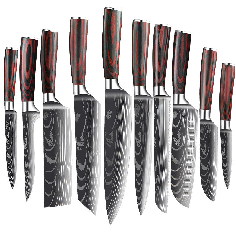 Damascus Kitchen Knife Set with Colored Wood Handles - 5/7/8 Piece Chef Knife Set