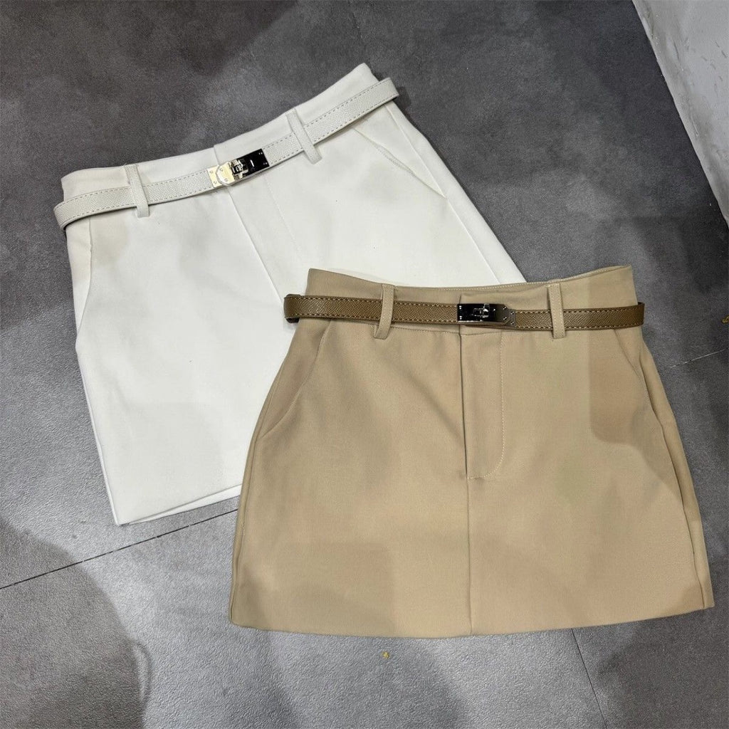 Khaki high waisted mini skirt with belt, front view 
