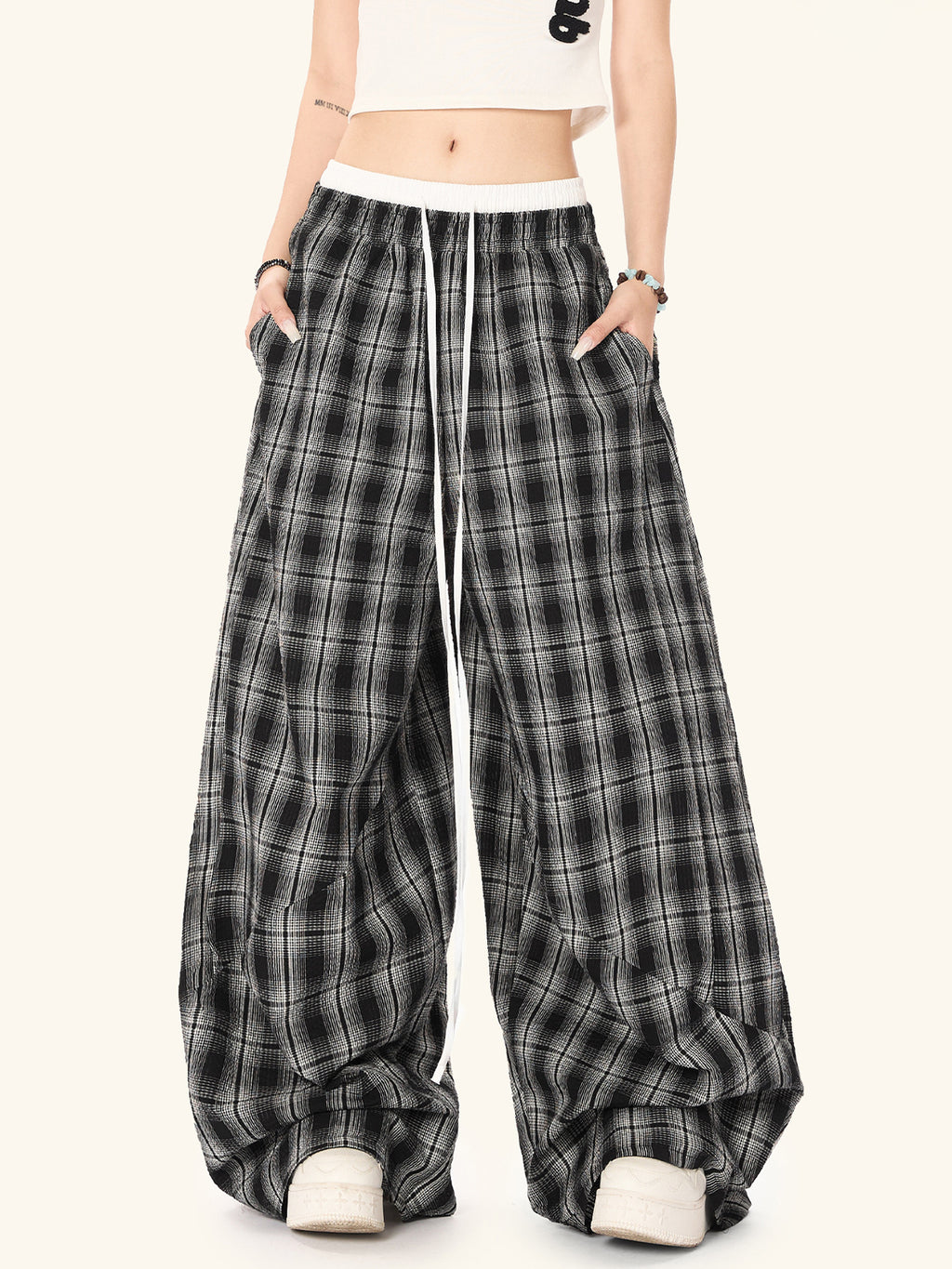 Women’s High Waist Straight Leg Plaid Pants | Black Cotton Trousers