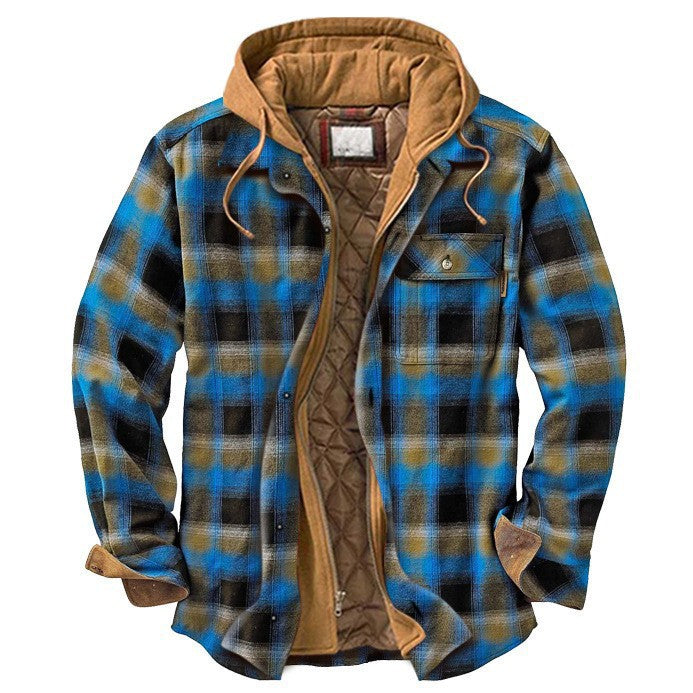 Men's plaid hooded jacket in orange-gray, side view