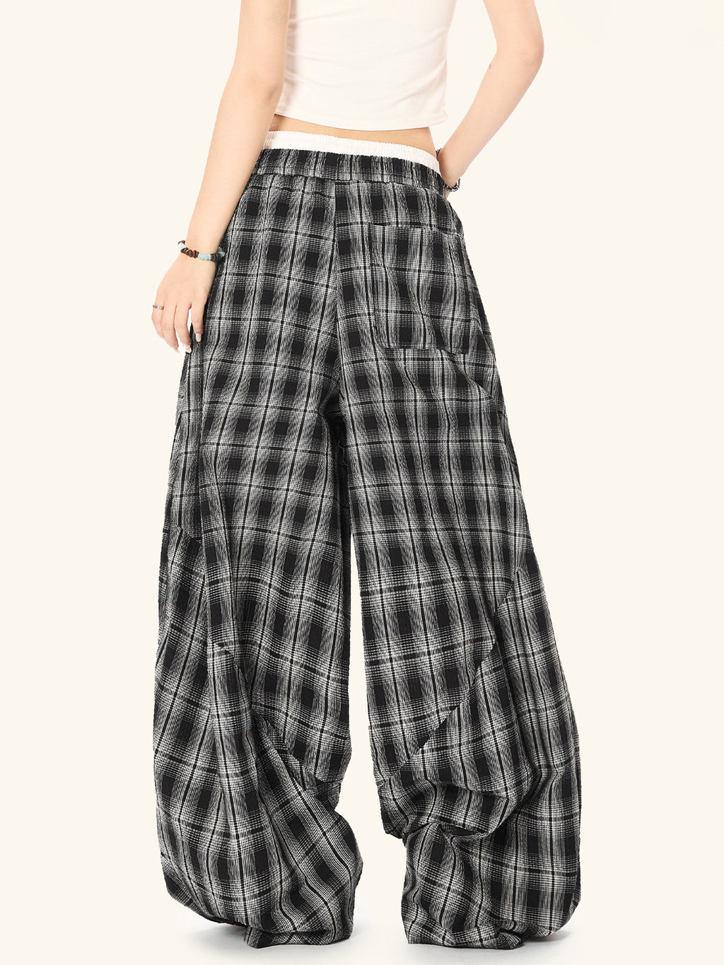 Women’s High Waist Straight Leg Plaid Pants | Black Cotton Trousers