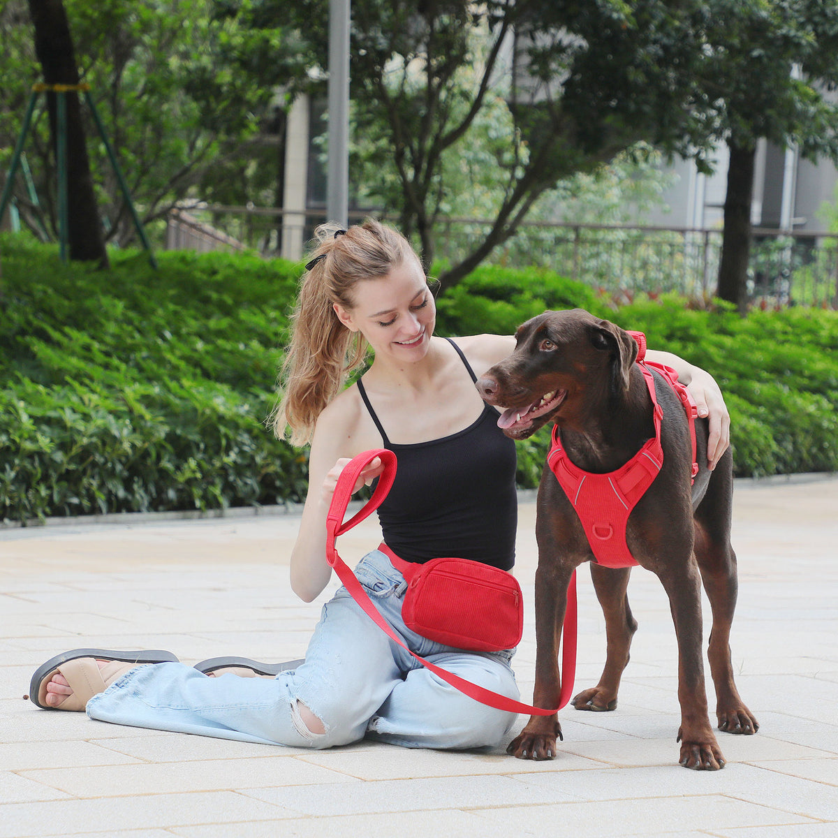 Woman sitting outdoors with a dog in a red adjustable dog harness and red dog walking bag