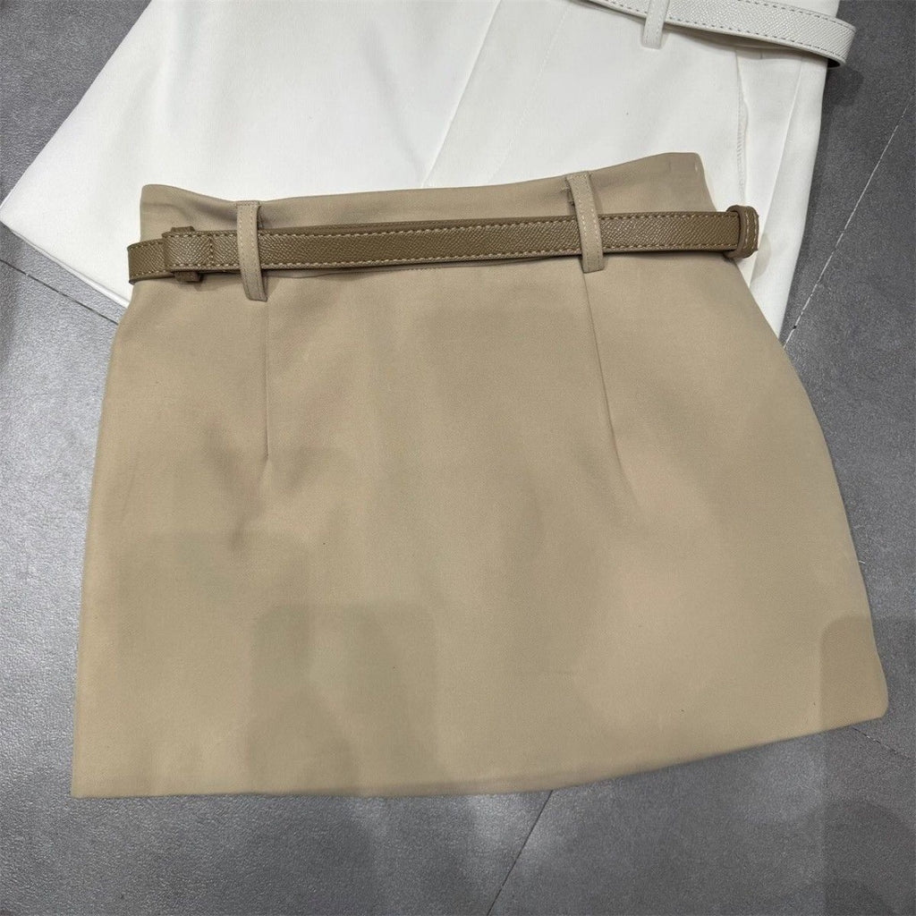 Khaki a-line mini skirt with belt, front view