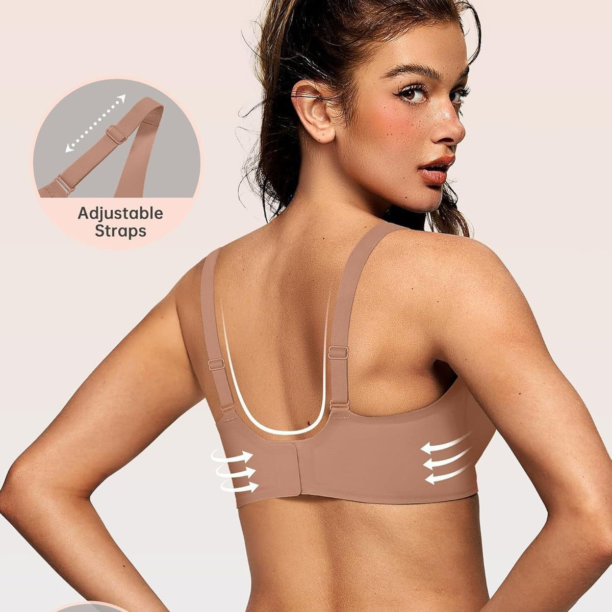 Back view of wireless jelly bra with four-row hook-and-eye closure and adjustable straps