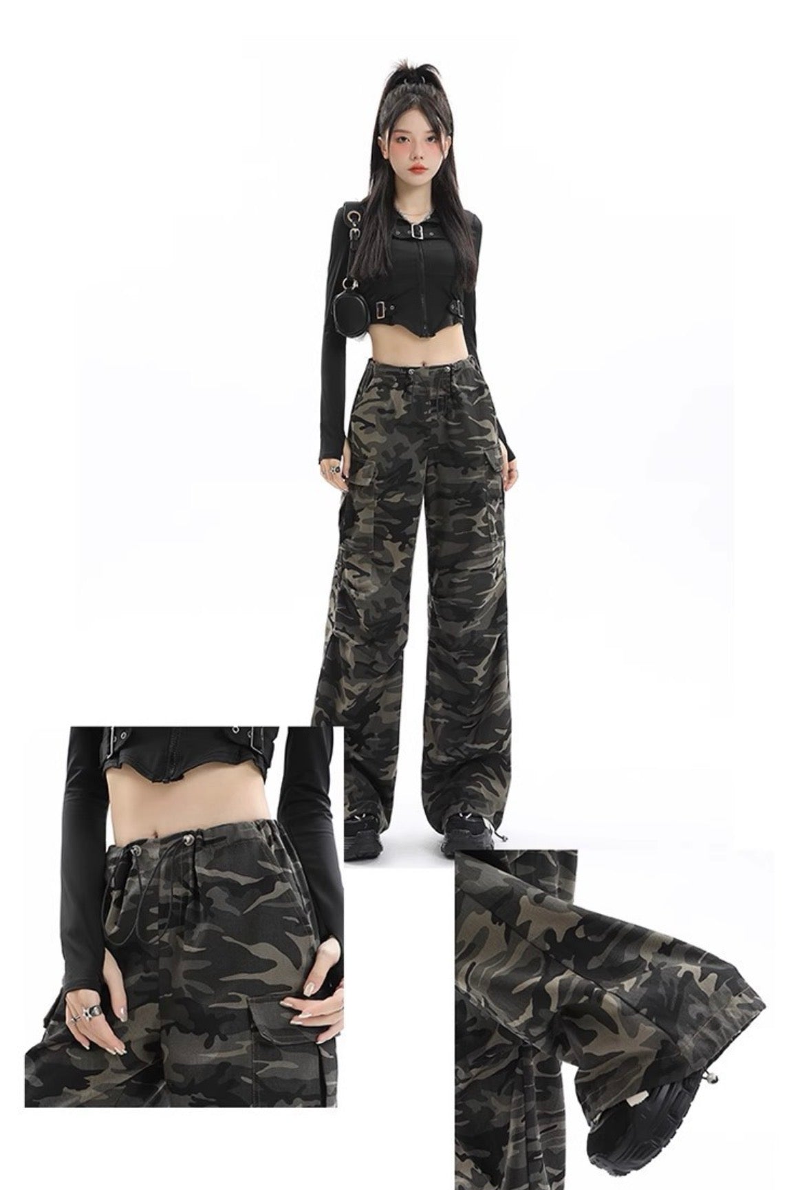Camo cargo pants waistband drawstring and cuff detail close-up