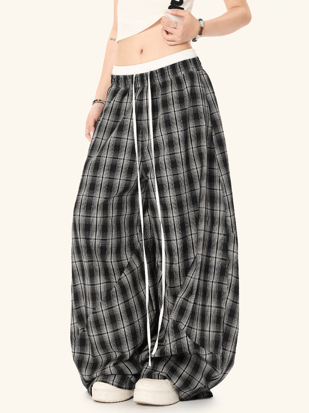 Women’s High Waist Straight Leg Plaid Pants | Black Cotton Trousers