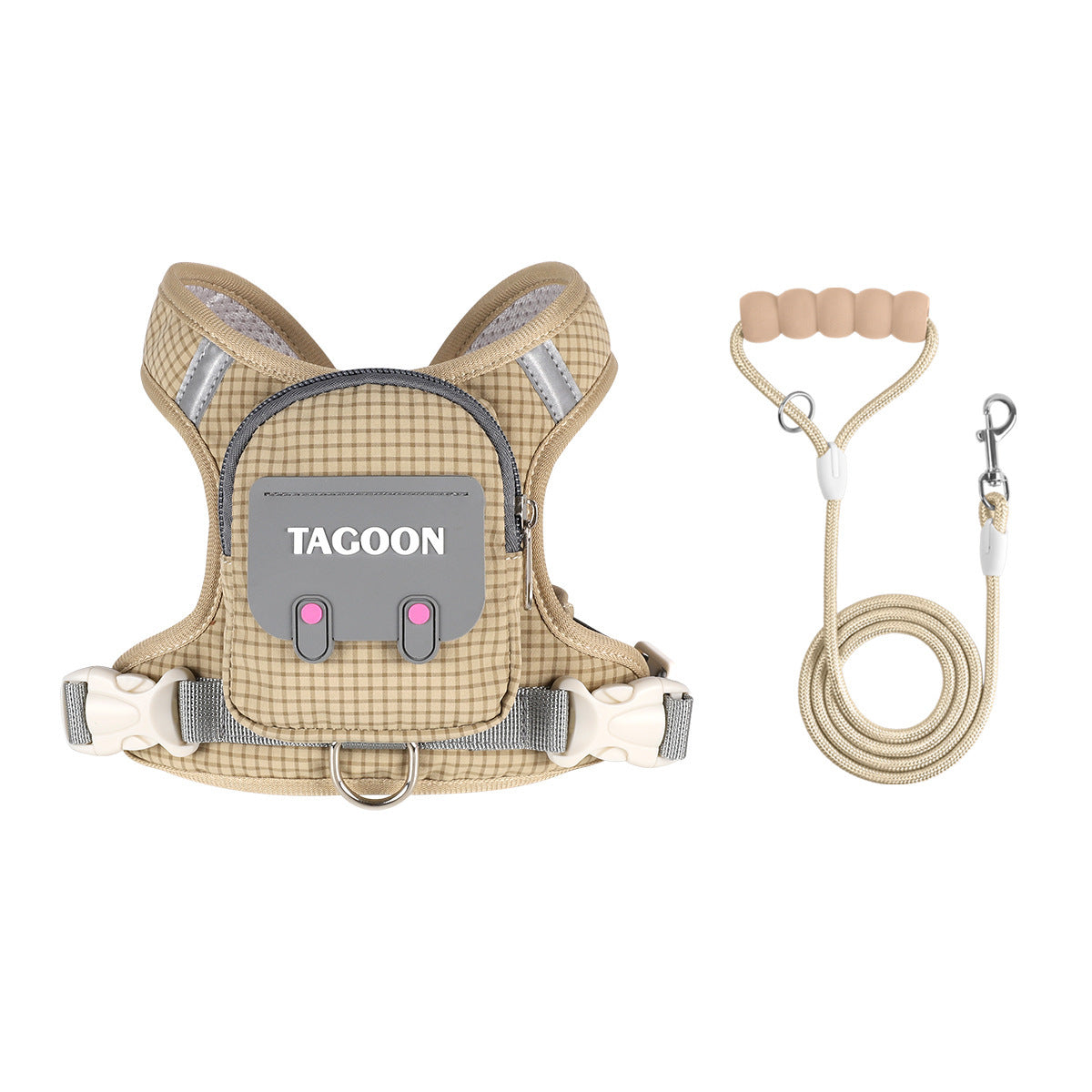 Khaki dog backpack harness with beige bubble cotton leash set