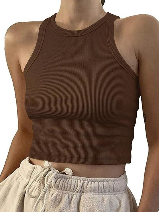 Model wearing ribbed racerback tank top in black, alternate angle
