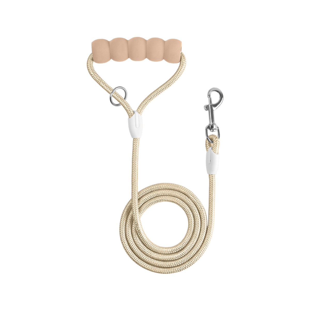 Coiled khaki dog leash with padded handle for dog harness
