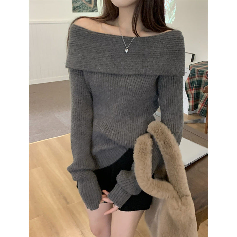 Women's dark gray ribbed fold over off shoulder sweater, loose fit pullover with black shorts