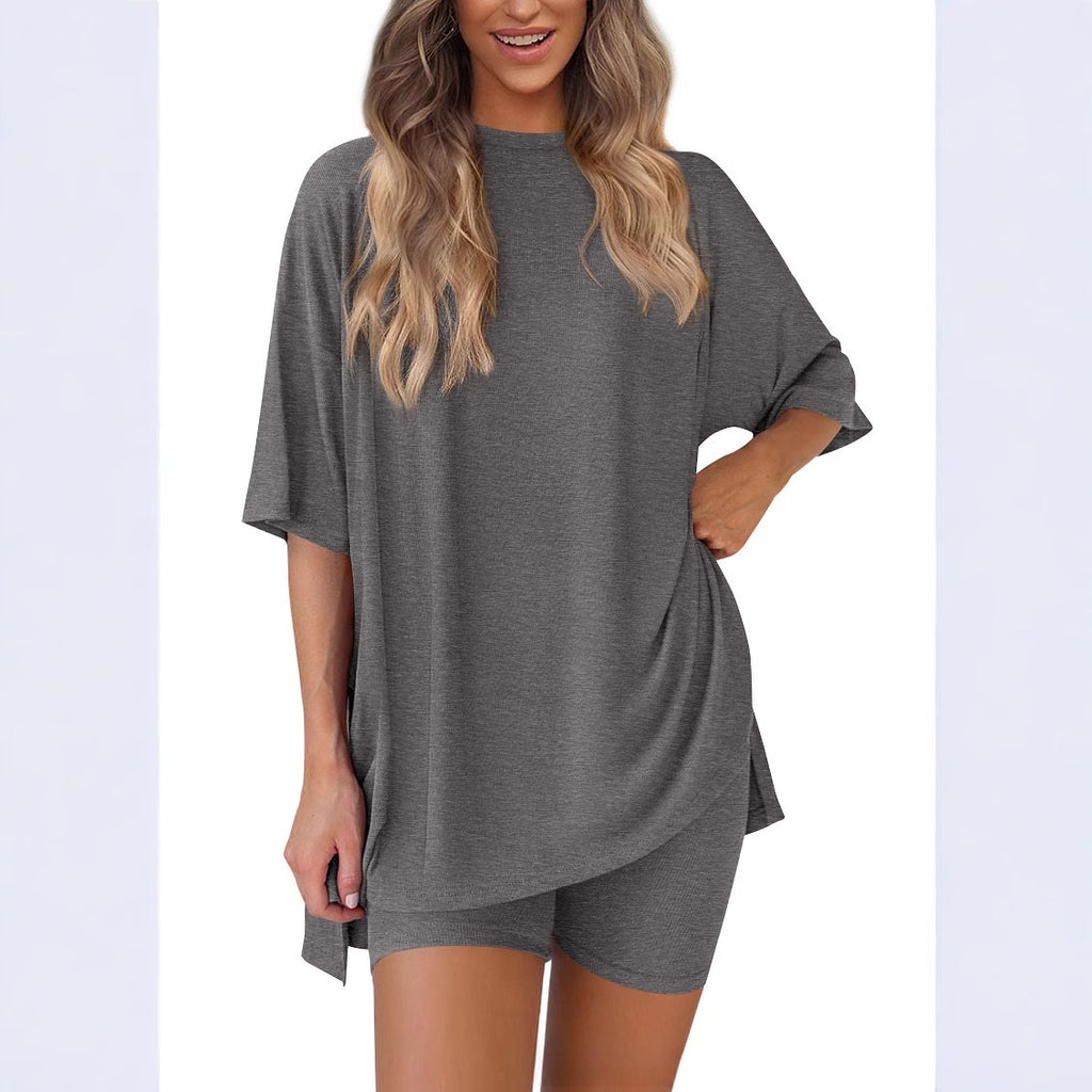 Women’s grey modal tencel oversized lounge set short sleeve top and shorts side angle view