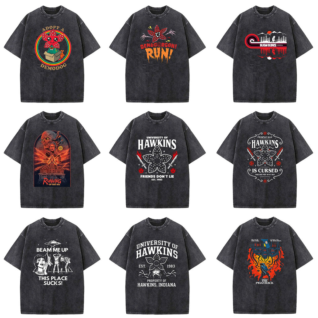 Stranger Things Washed T-Shirt Hawkins University Est 1983 Vintage Graphic Tee Black Over Zized