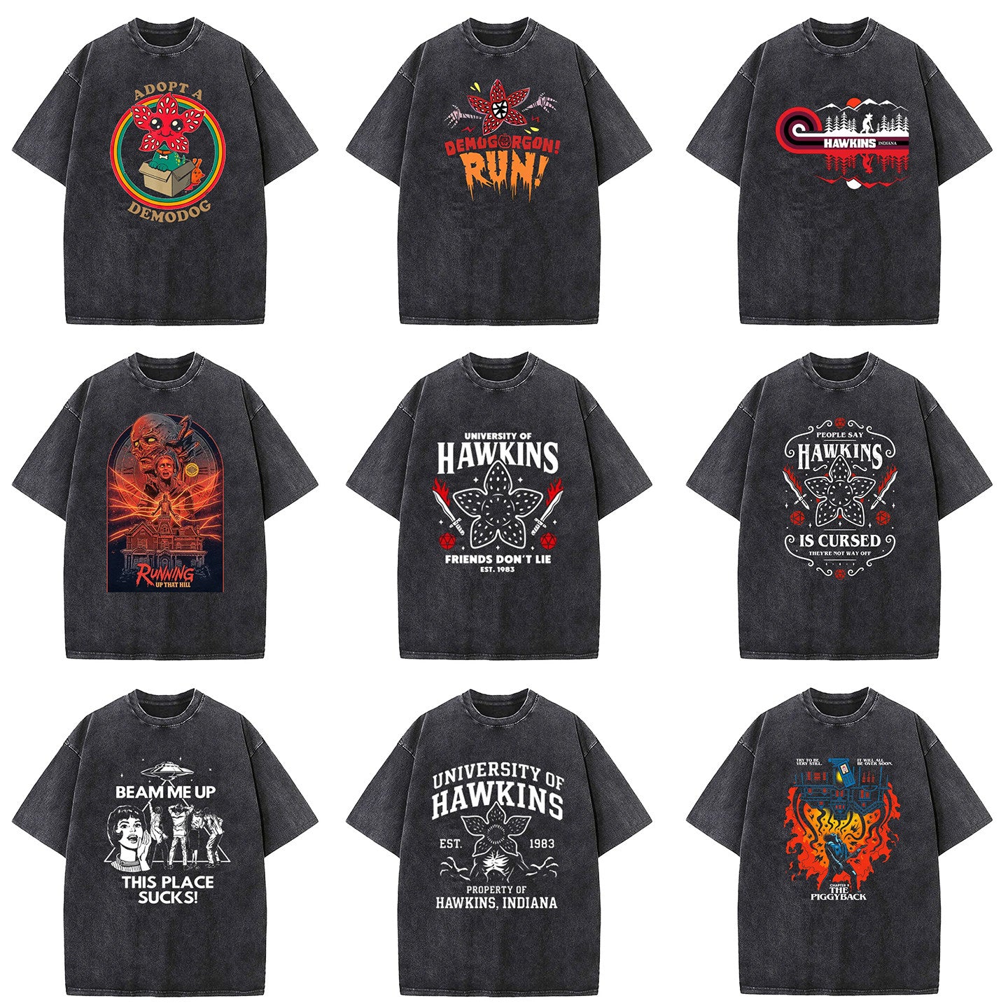 Stranger Things Washed T-Shirt Hawkins University Est 1983 Vintage Graphic Tee Black Over Zized