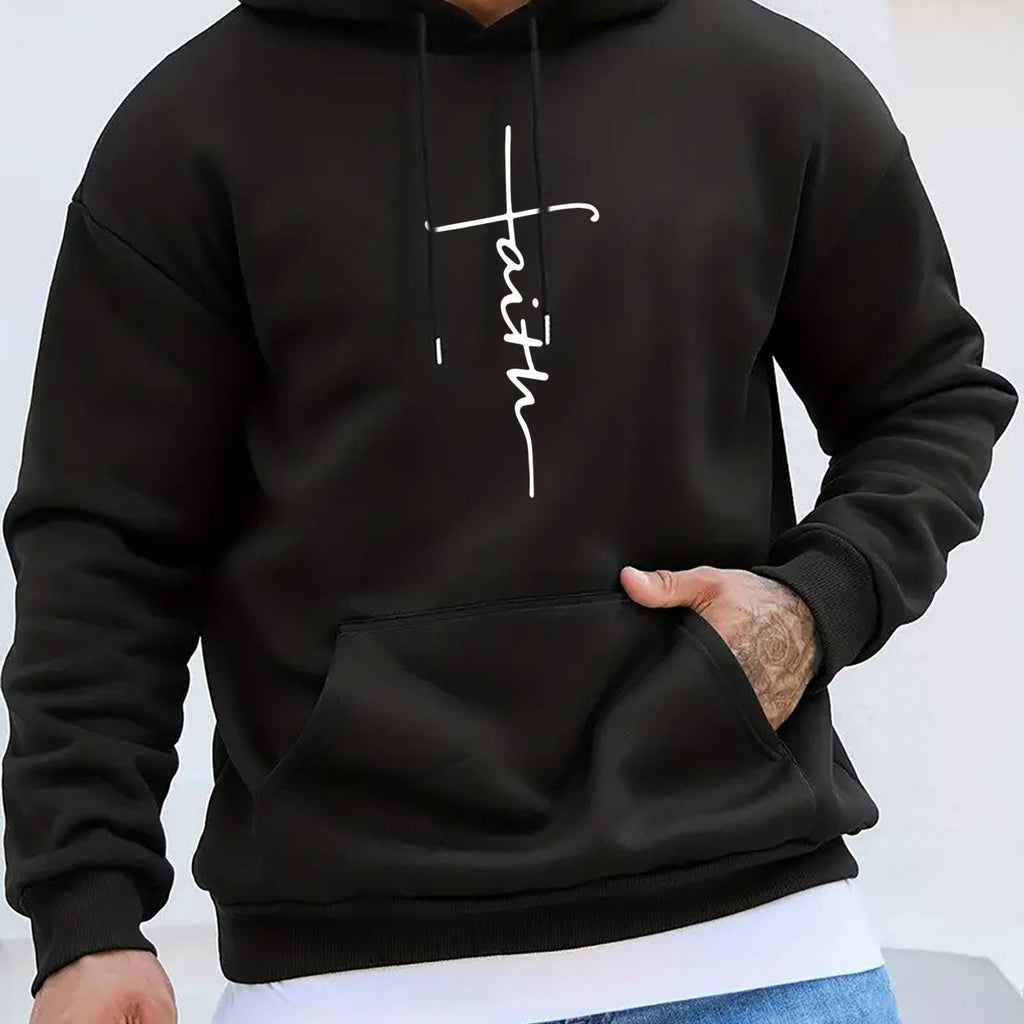 Model wearing faith hoodie in glossy black, front view