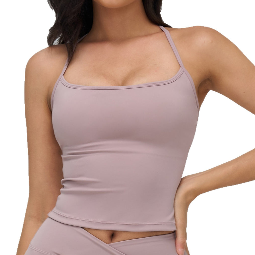 Women’s mauve padded tank top with built-in bra, side view