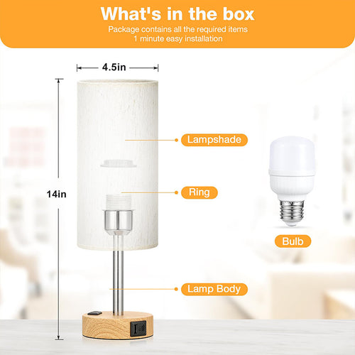 3-Speed Touch Dimmable Wood Grain Bedside Table Lamp - Fabric Shade Nightstand Light, Tabletop Plug-in