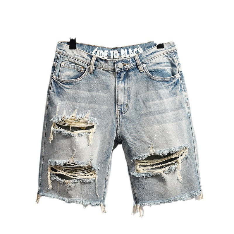Men's distressed denim shorts straight fit front flat lay