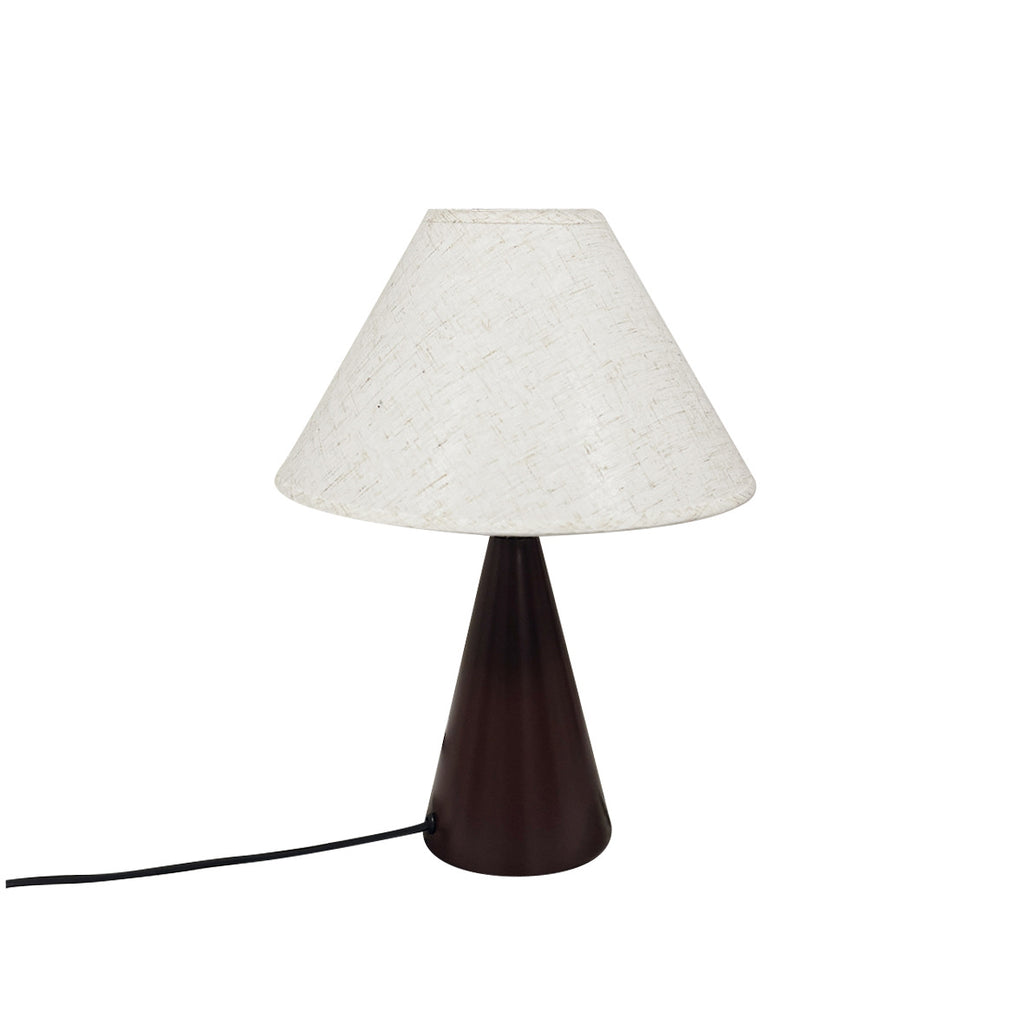 Medieval table lamp with plain white linen shade and dark conical base against a clean white background.