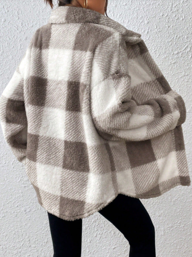 Women's plaid plush shacket in light gray, front view
