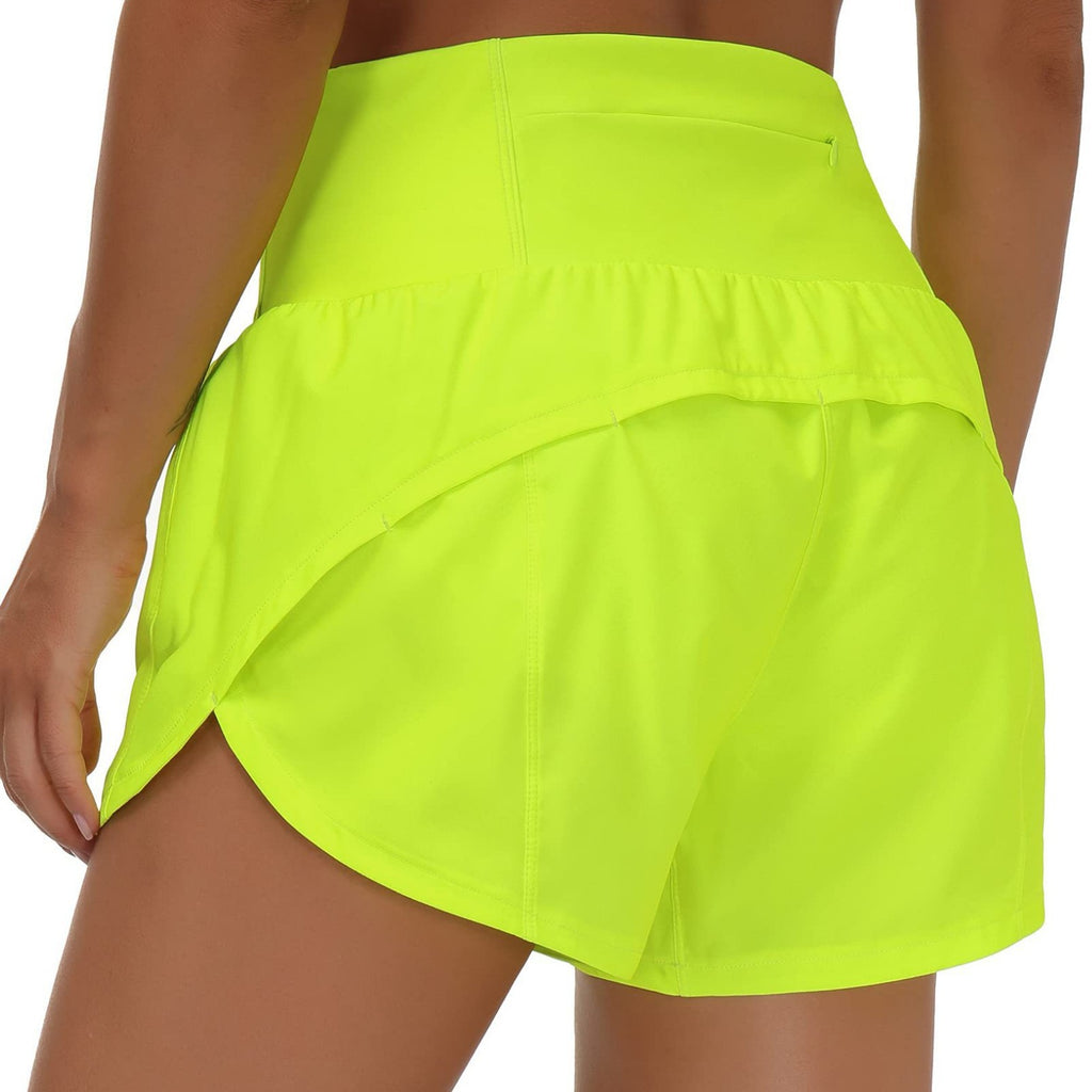 Women’s high-waisted quick-dry running shorts back view, Fluorescent Green