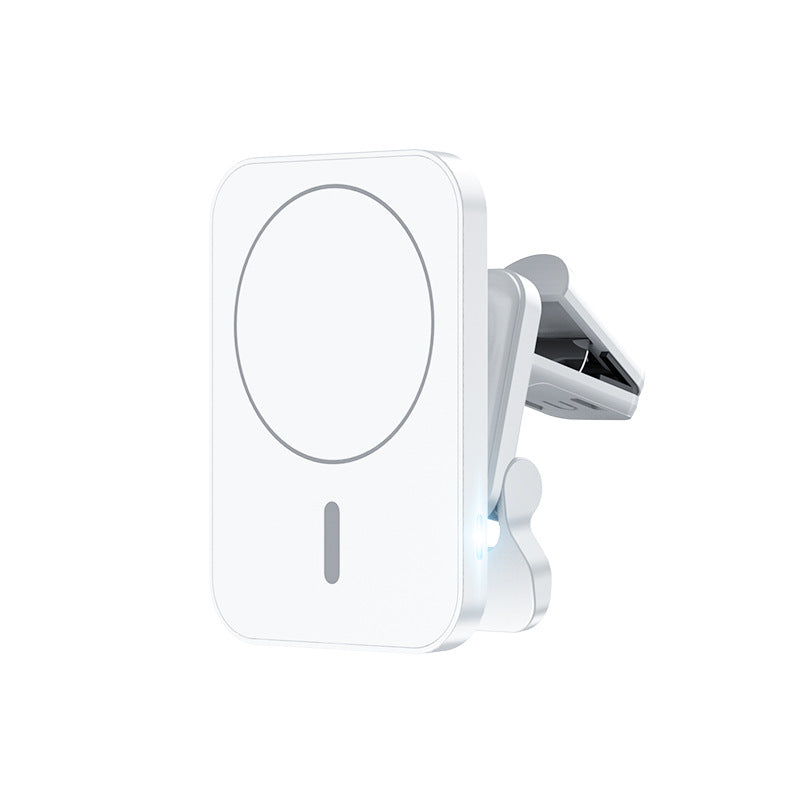 15W MagSafe compatible car magnetic wireless charger white version, product shot with charging coil and flexible arm for hands-free viewing.