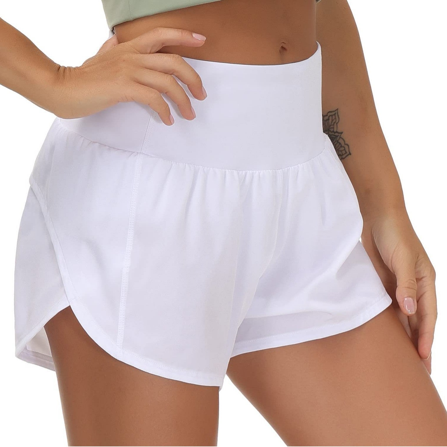 Women’s high-waisted quick-dry running shorts back view, White