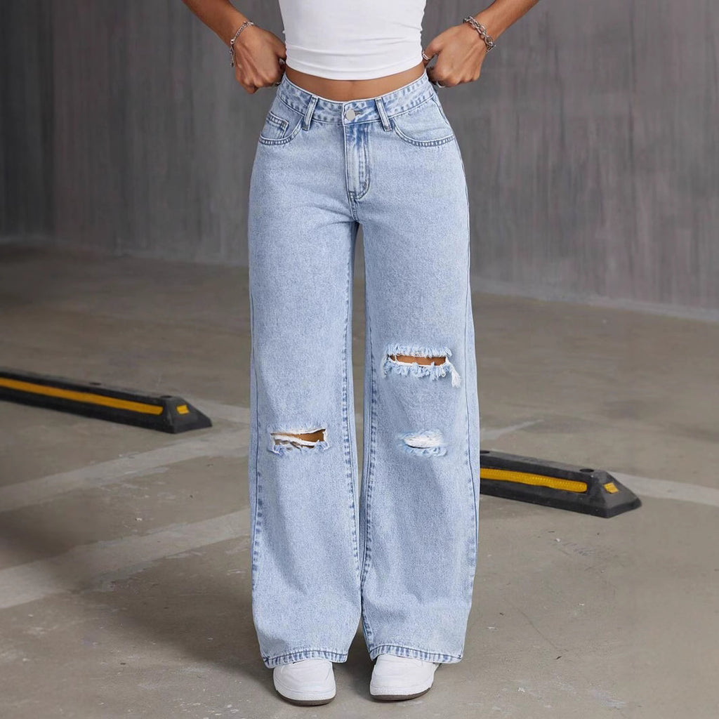 Women’s High Waisted Wide Leg Baggy Jeans – Light Blue Distressed Denim