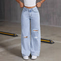 Women’s High Waisted Wide Leg Baggy Jeans – Light Blue Distressed Denim