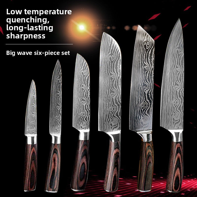 Damascus Kitchen Knife Set with Colored Wood Handles - 5/7/8 Piece Chef Knife Set