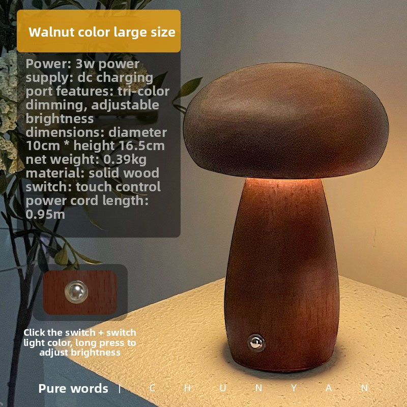 Walnut color large wooden mushroom lamp showing 3W power, rechargeable battery, and touch control base”