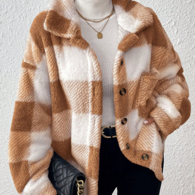 Women's plaid plush shacket in khaki, close-up front view