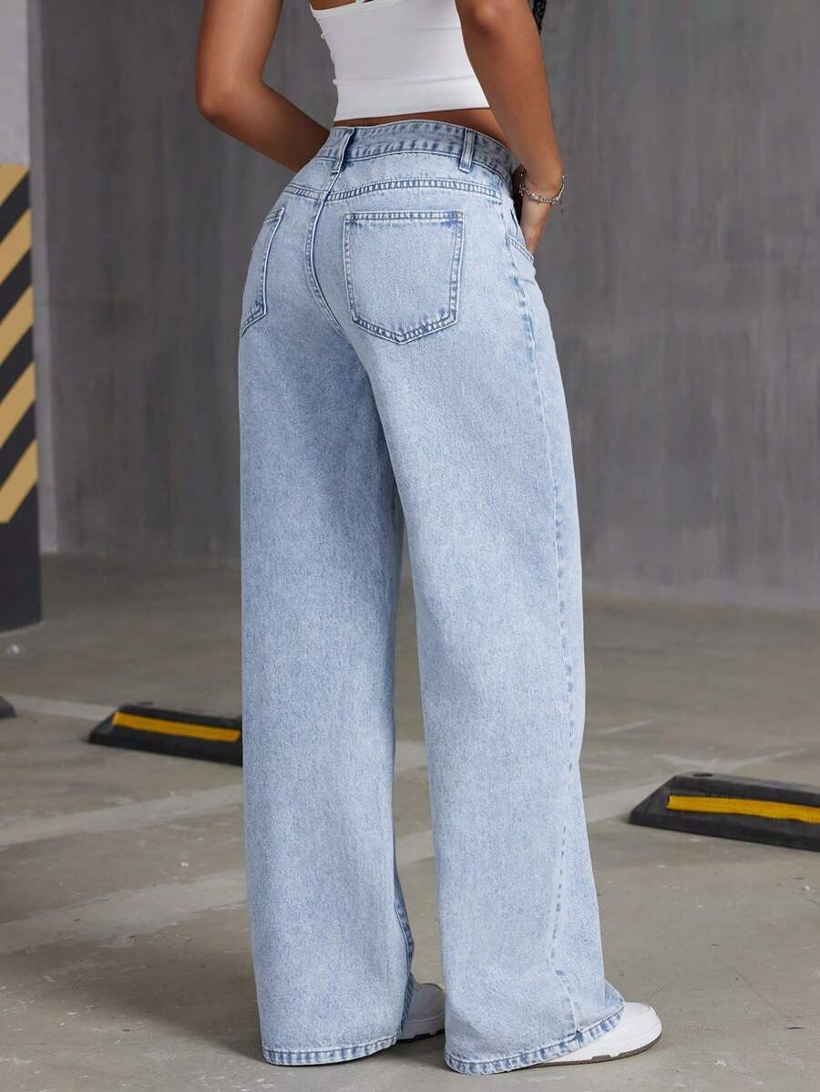 Women’s High Waisted Wide Leg Baggy Jeans – Light Blue Distressed Denim