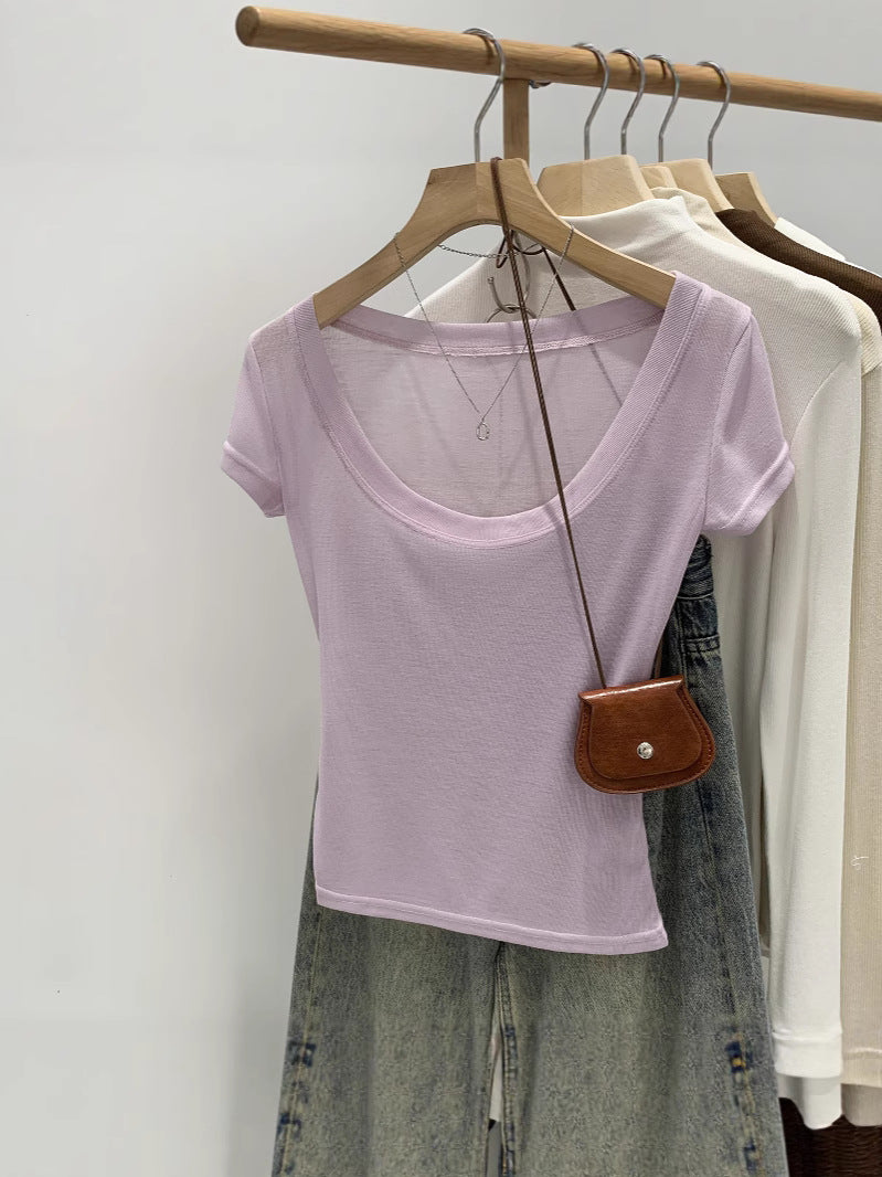Purple women's scoop neck t-shirt, side view