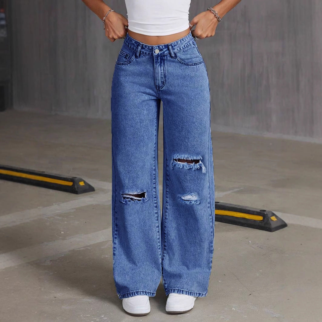 Women’s High Waisted Wide Leg Baggy Jeans – Light Blue Distressed Denim