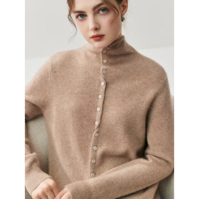Elegant camel high neck cardigan with button-front closure