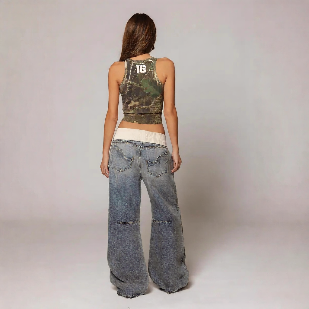 Washed Blue Baggy Jeans – Retro Flipped Waist with Chain Detail, Loose Fit Streetwear Denim