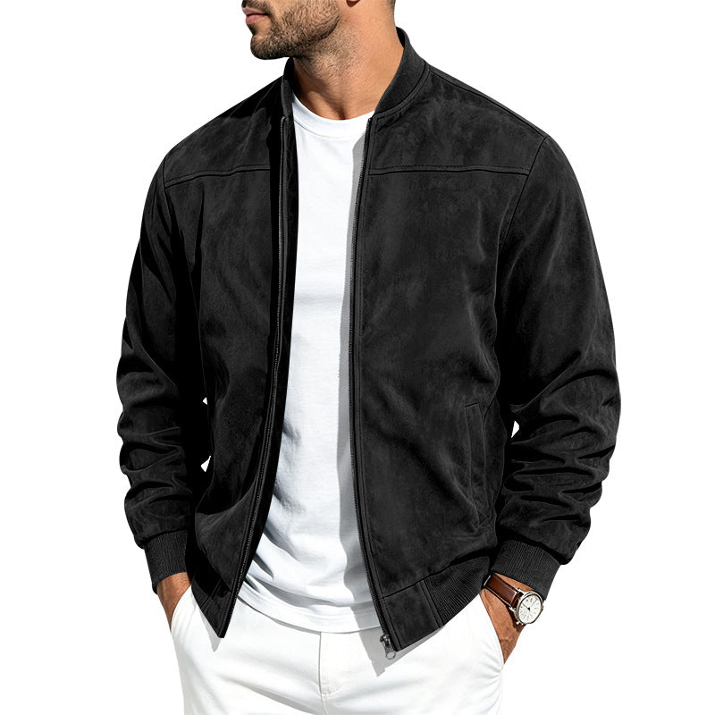 Men's Faux Suede Bomber Jacket, Retro Baseball Collar Zip-Up