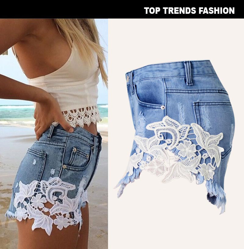 Women’s High Waist Cutoff Denim Shorts with Lace Trim – Distressed Jean Shorts for Summer